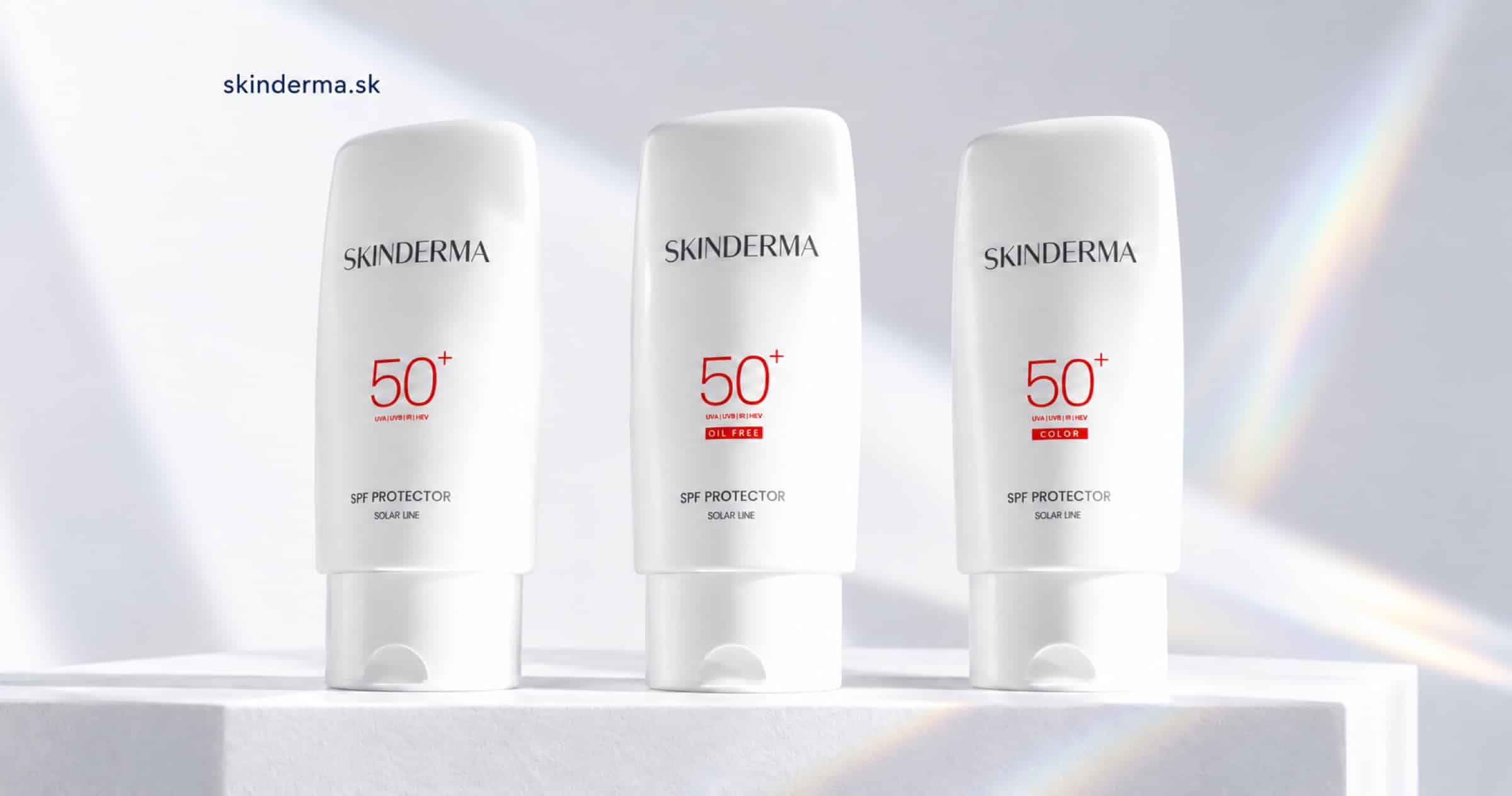 Tri varianty Skinderma SPF 50+ v čistom produktovom vizuále